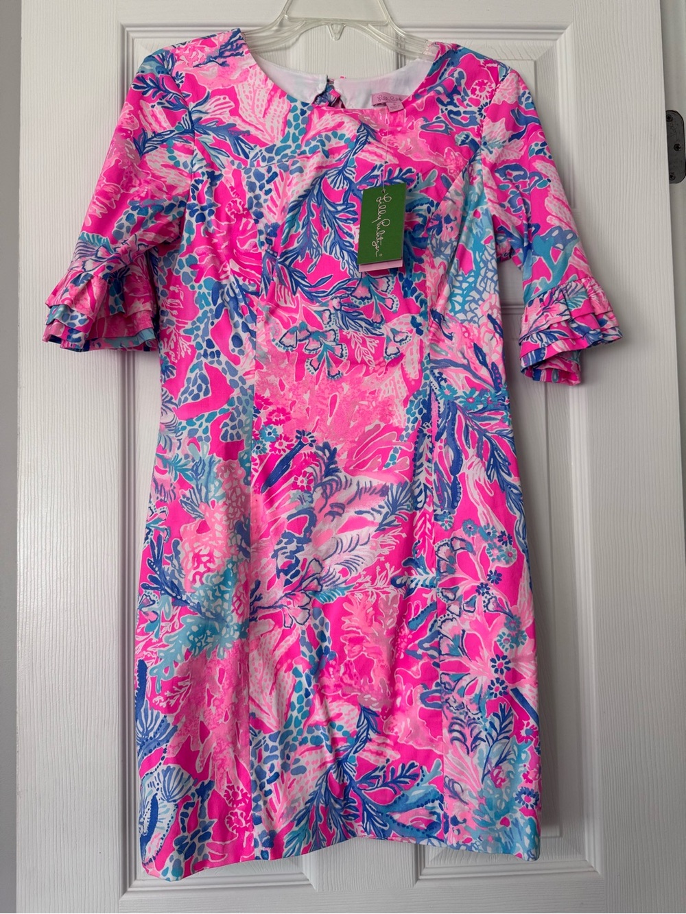 Lilly Pulitzer Pink & Blue Tropical Ruffle-Sleeve Shift Dress